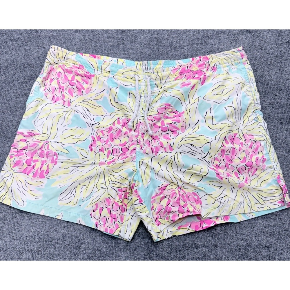 Lilly Pulitzer Mens Swim Trunks Pink Yellow Blue Tropical Floral XL